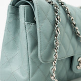 CHANEL Handbag 18C Light Blue Caviar Quilted Medium Classic Flap Edge Stitching Silver Hardware - Redeluxe