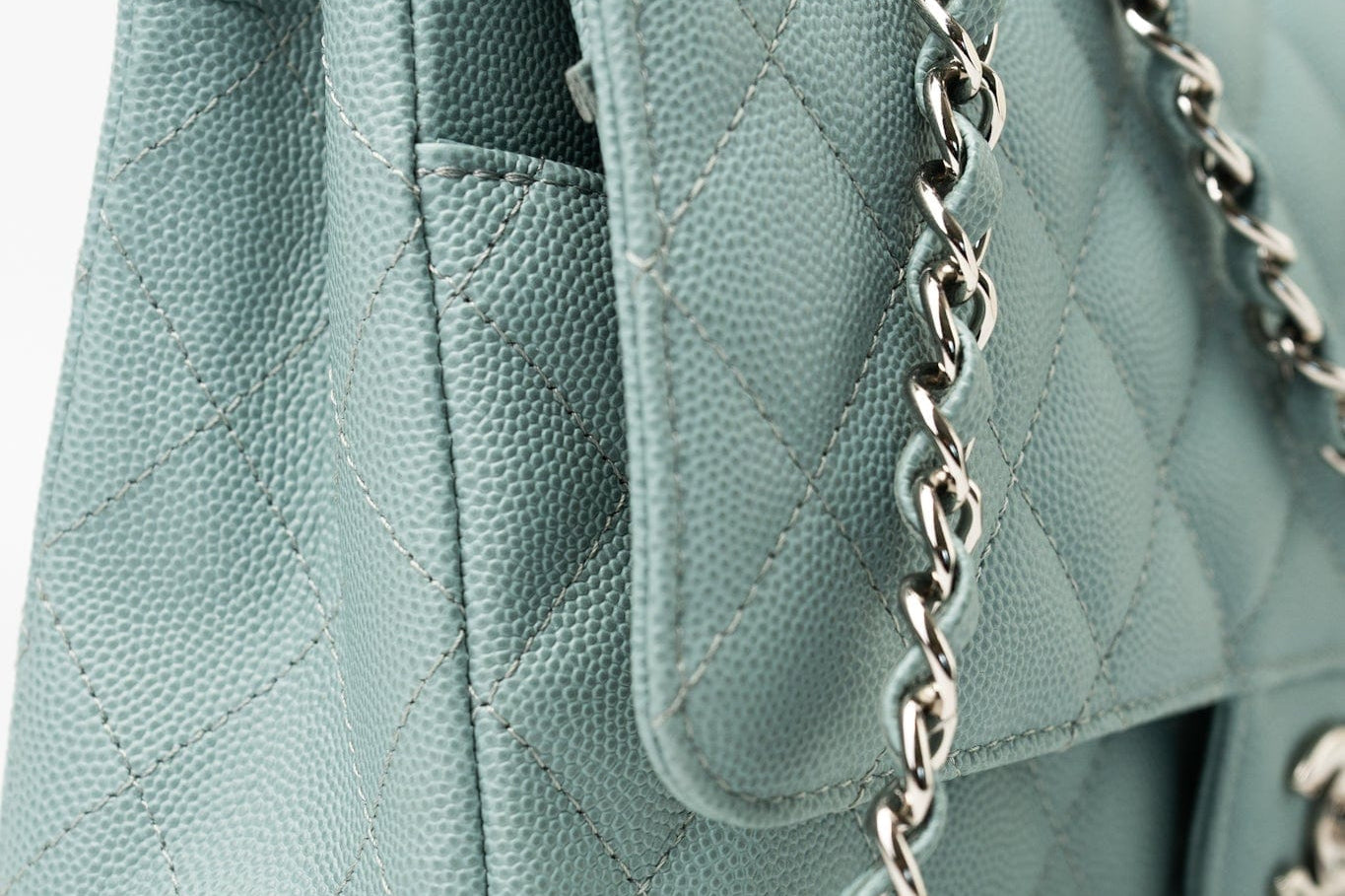 CHANEL Handbag 18C Light Blue Caviar Quilted Medium Classic Flap Edge Stitching Silver Hardware - Redeluxe