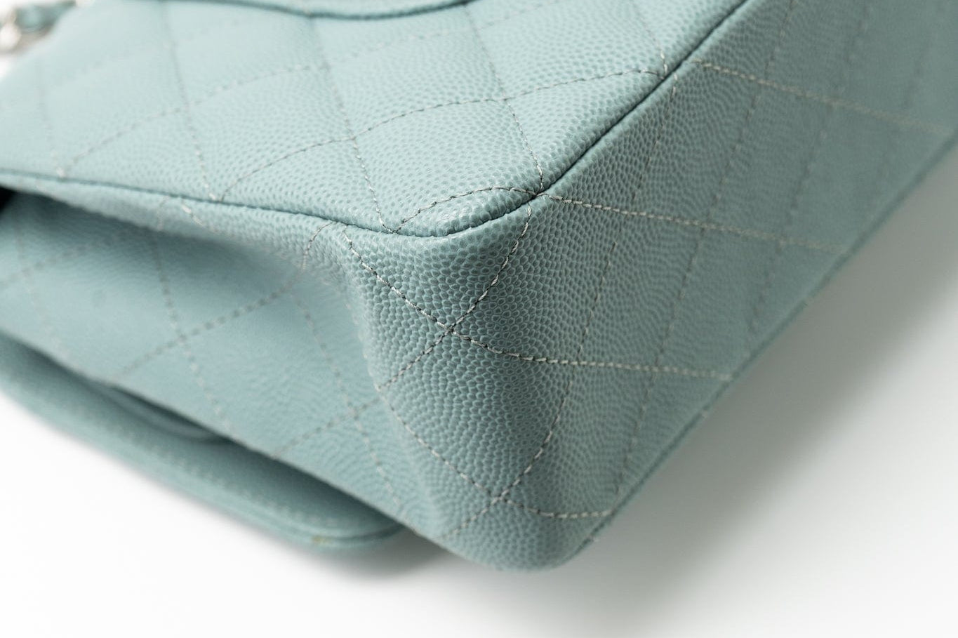 CHANEL Handbag 18C Light Blue Caviar Quilted Medium Classic Flap Edge Stitching Silver Hardware - Redeluxe