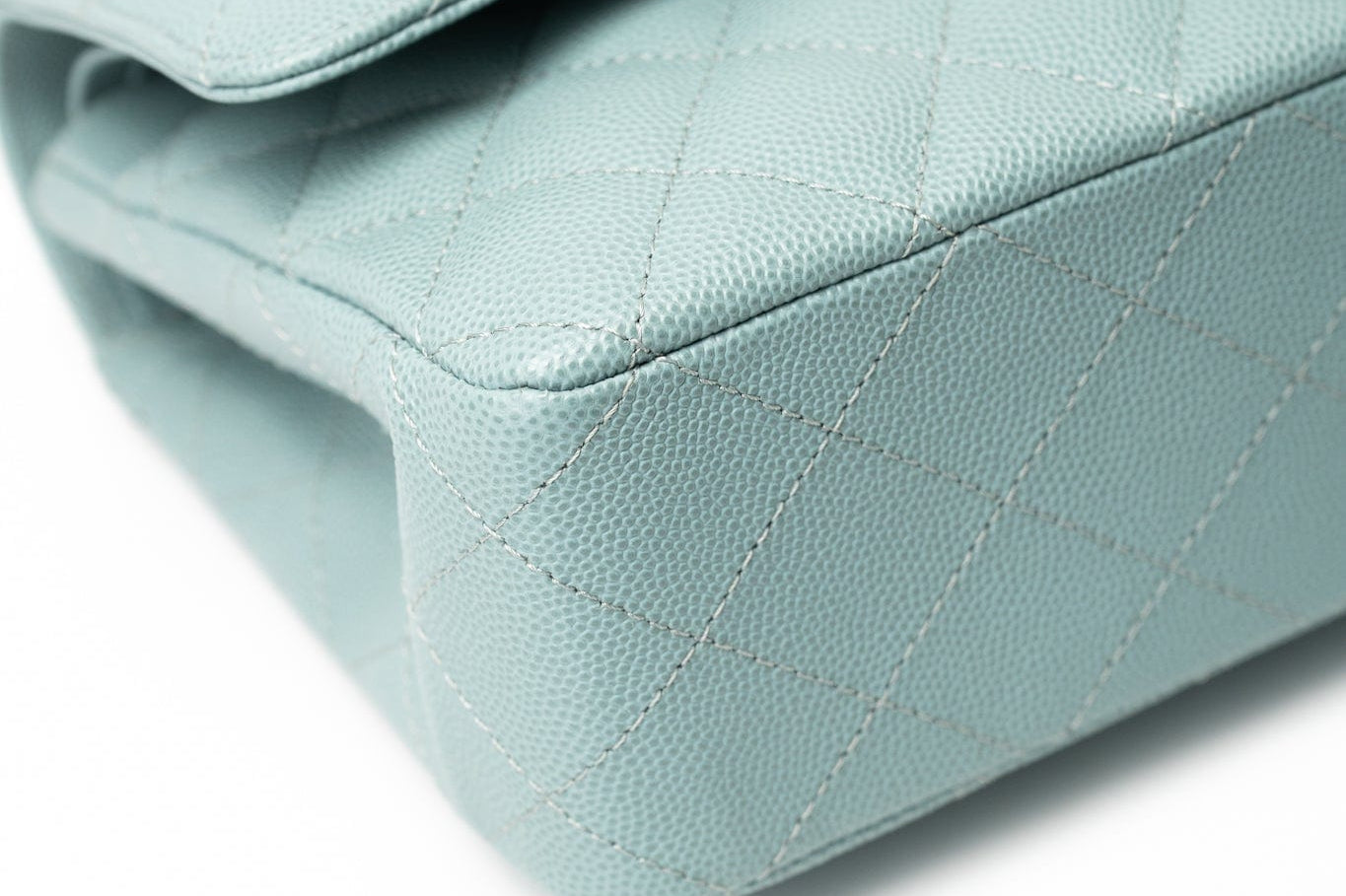 CHANEL Handbag 18C Light Blue Caviar Quilted Medium Classic Flap Edge Stitching Silver Hardware - Redeluxe
