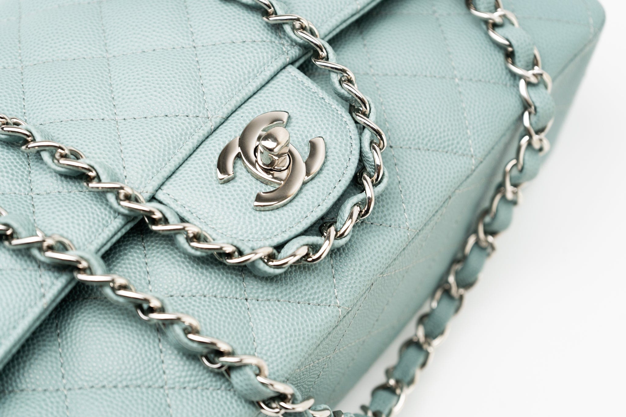 CHANEL Handbag 18C Light Blue Caviar Quilted Medium Classic Flap Edge Stitching Silver Hardware - Redeluxe