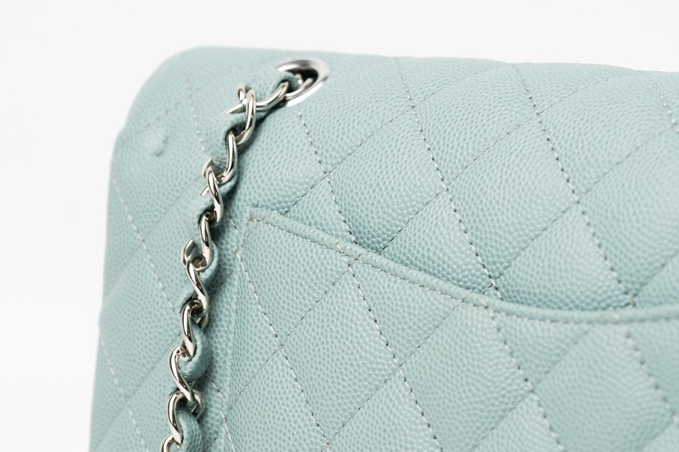 CHANEL Handbag 18C Light Blue Caviar Quilted Medium Classic Flap Edge Stitching Silver Hardware - Redeluxe