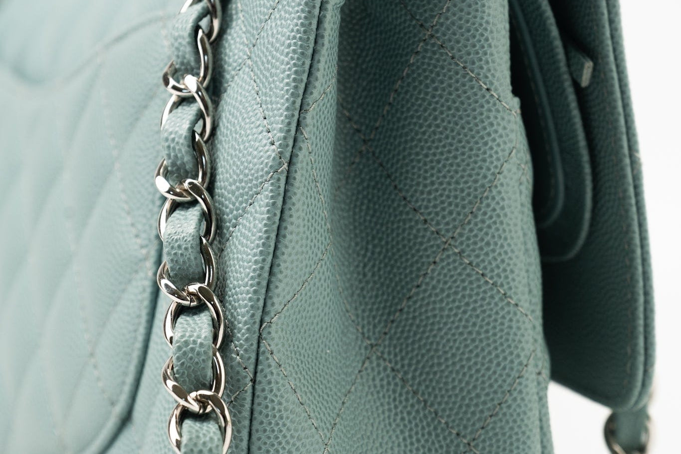 CHANEL Handbag 18C Light Blue Caviar Quilted Medium Classic Flap Edge Stitching Silver Hardware - Redeluxe