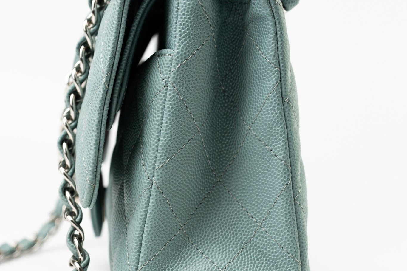 CHANEL Handbag 18C Light Blue Caviar Quilted Medium Classic Flap Edge Stitching Silver Hardware - Redeluxe