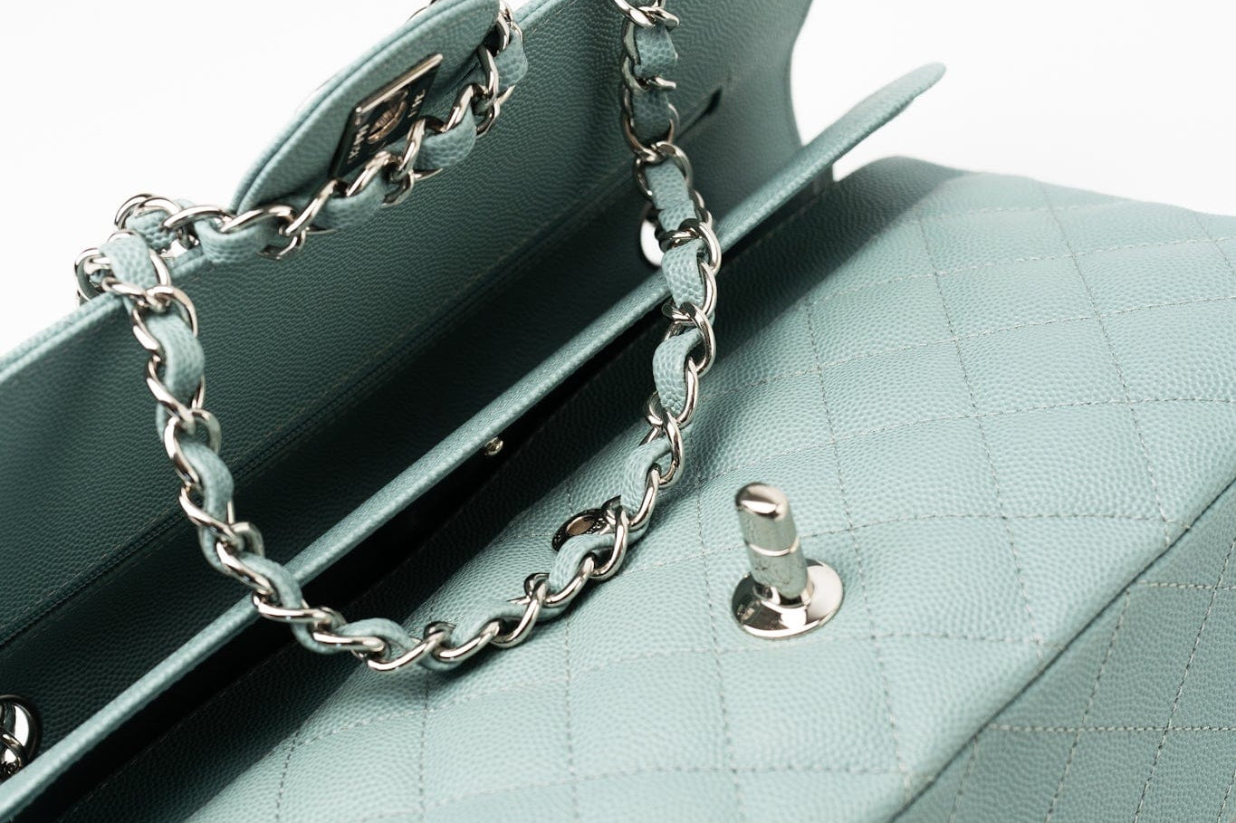 CHANEL Handbag 18C Light Blue Caviar Quilted Medium Classic Flap Edge Stitching Silver Hardware - Redeluxe