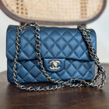 CHANEL Handbag 18S Dark Blue Caviar Quilted Classic Double Flap Light Gold Hardware - Redeluxe