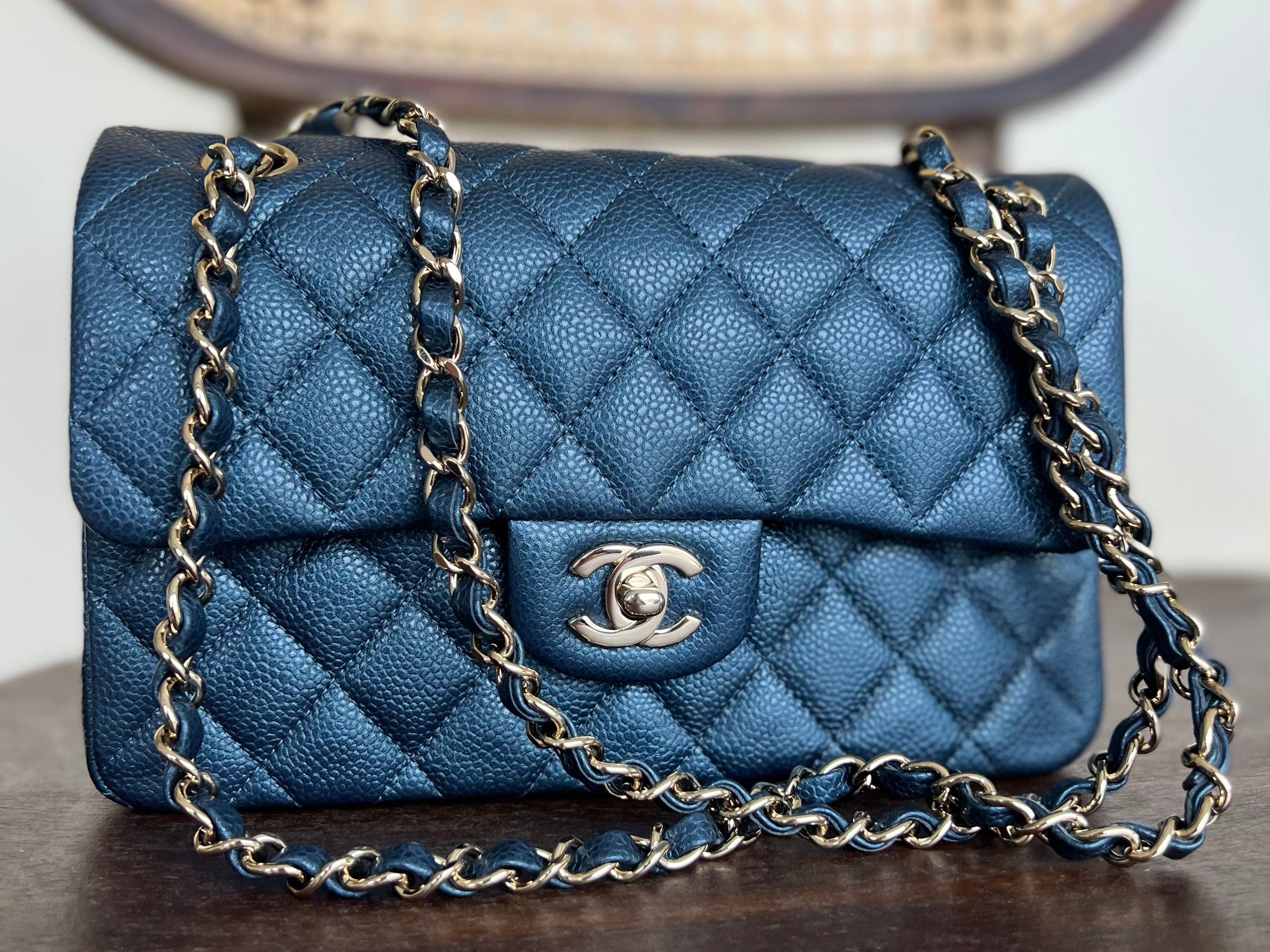 CHANEL Handbag 18S Dark Blue Caviar Quilted Classic Double Flap Light Gold Hardware - Redeluxe