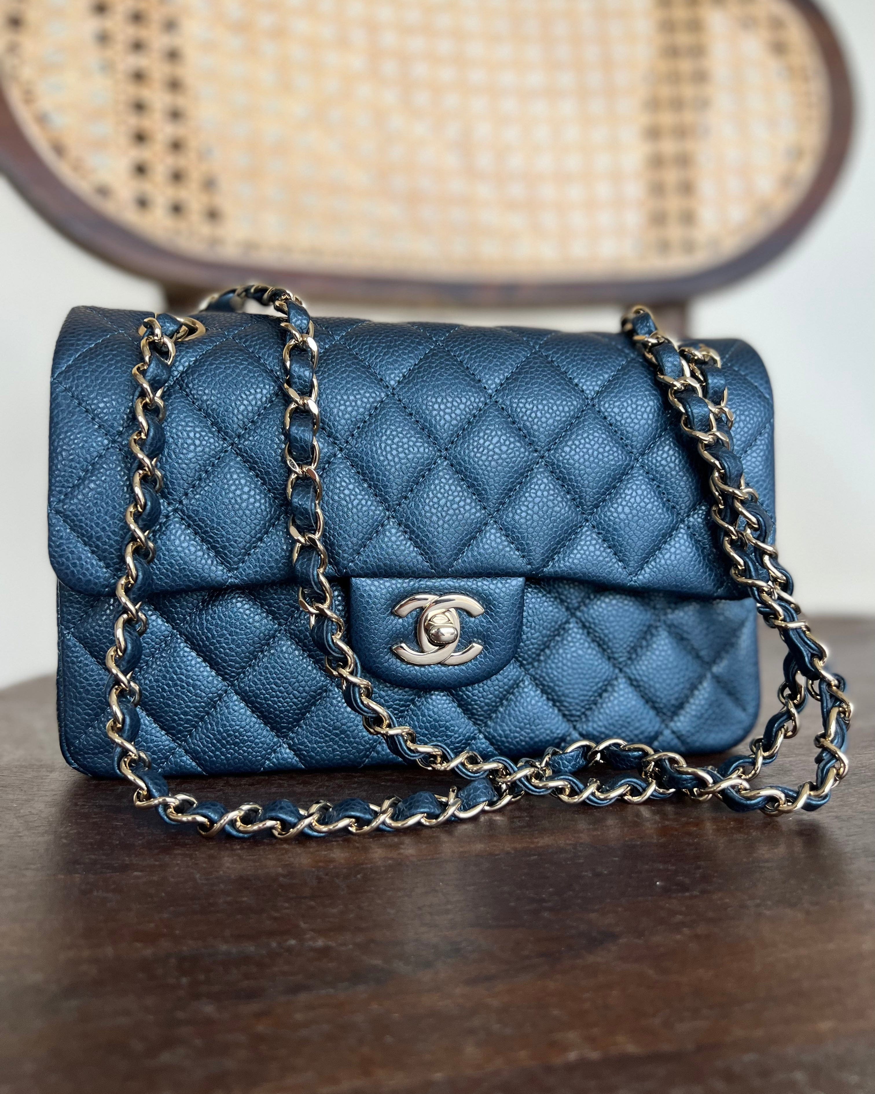 CHANEL Handbag 18S Dark Blue Caviar Quilted Classic Double Flap Light Gold Hardware - Redeluxe