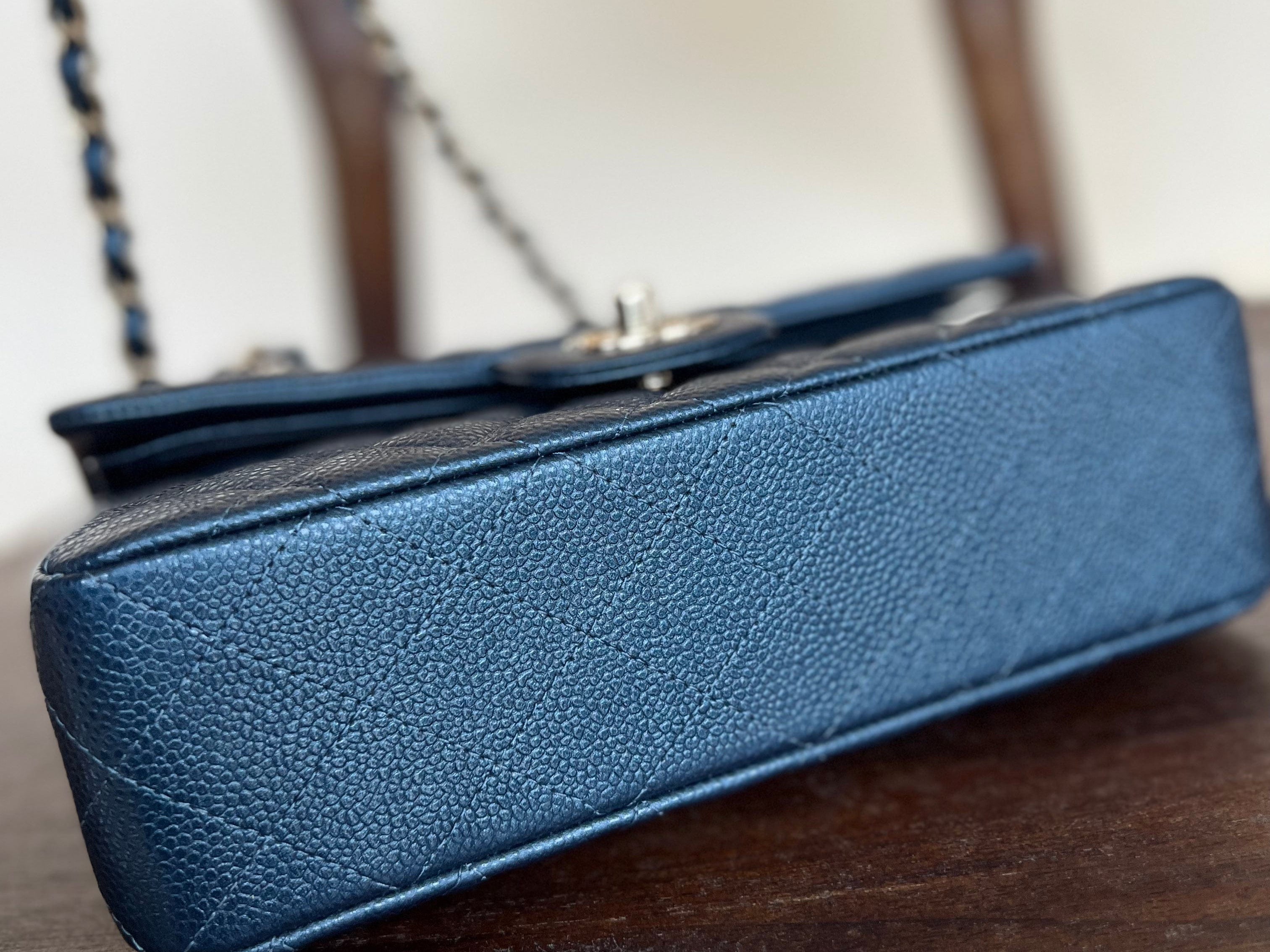 CHANEL Handbag 18S Dark Blue Caviar Quilted Classic Double Flap Light Gold Hardware - Redeluxe