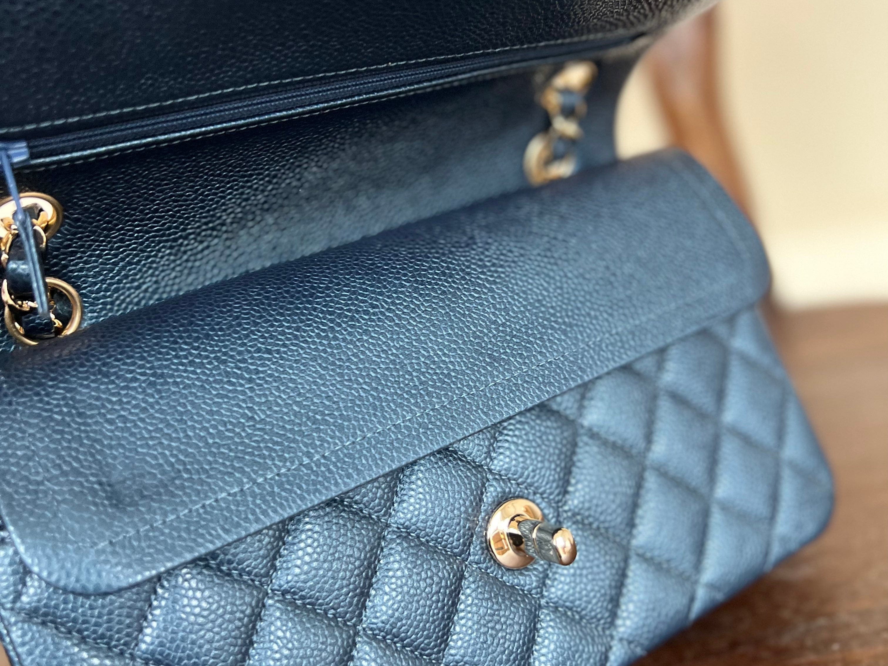 CHANEL Handbag 18S Dark Blue Caviar Quilted Classic Double Flap Light Gold Hardware - Redeluxe