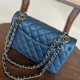 CHANEL Handbag 18S Dark Blue Caviar Quilted Classic Double Flap Light Gold Hardware - Redeluxe