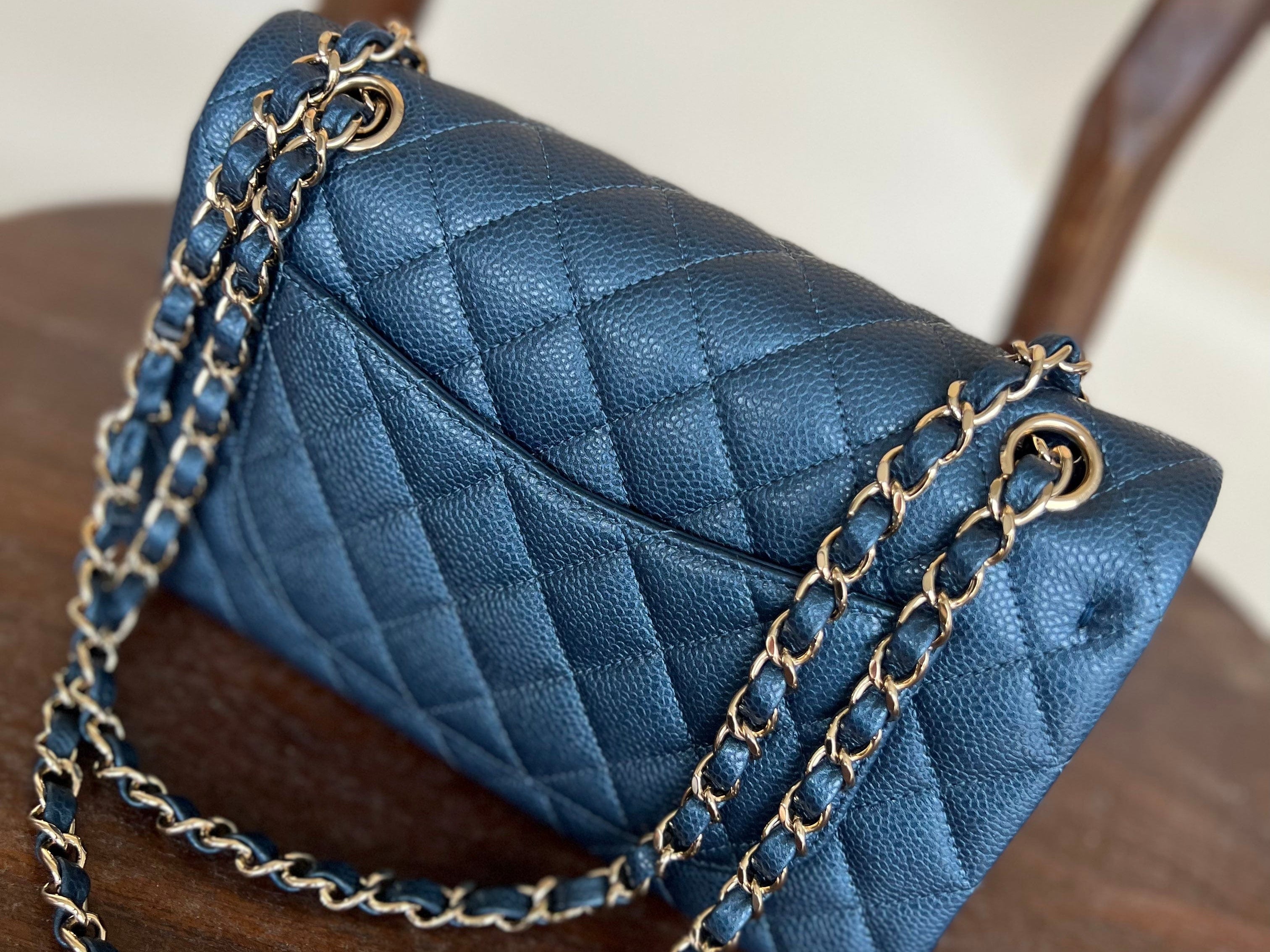 CHANEL Handbag 18S Dark Blue Caviar Quilted Classic Double Flap Light Gold Hardware - Redeluxe