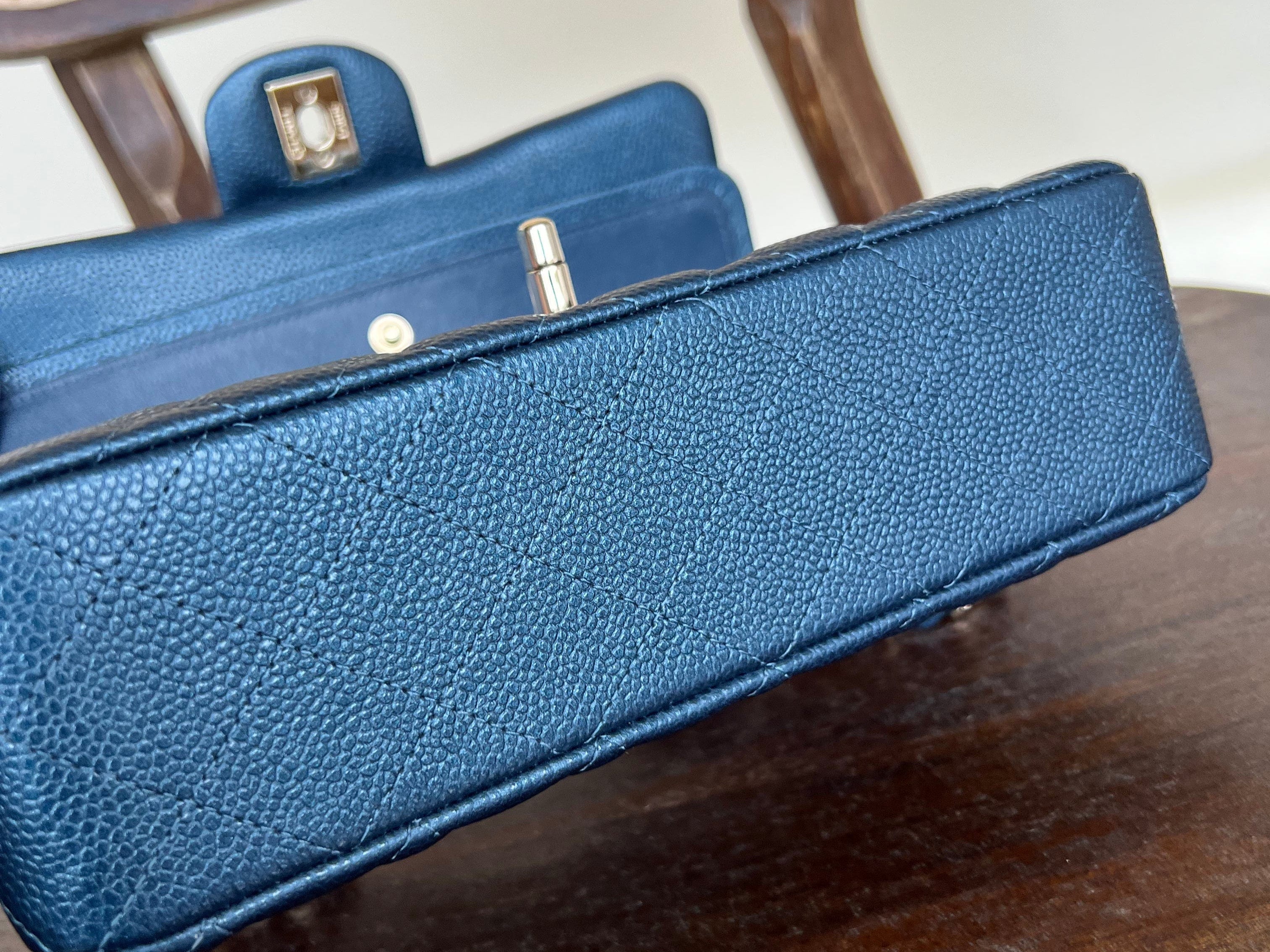 CHANEL Handbag 18S Dark Blue Caviar Quilted Classic Double Flap Light Gold Hardware - Redeluxe