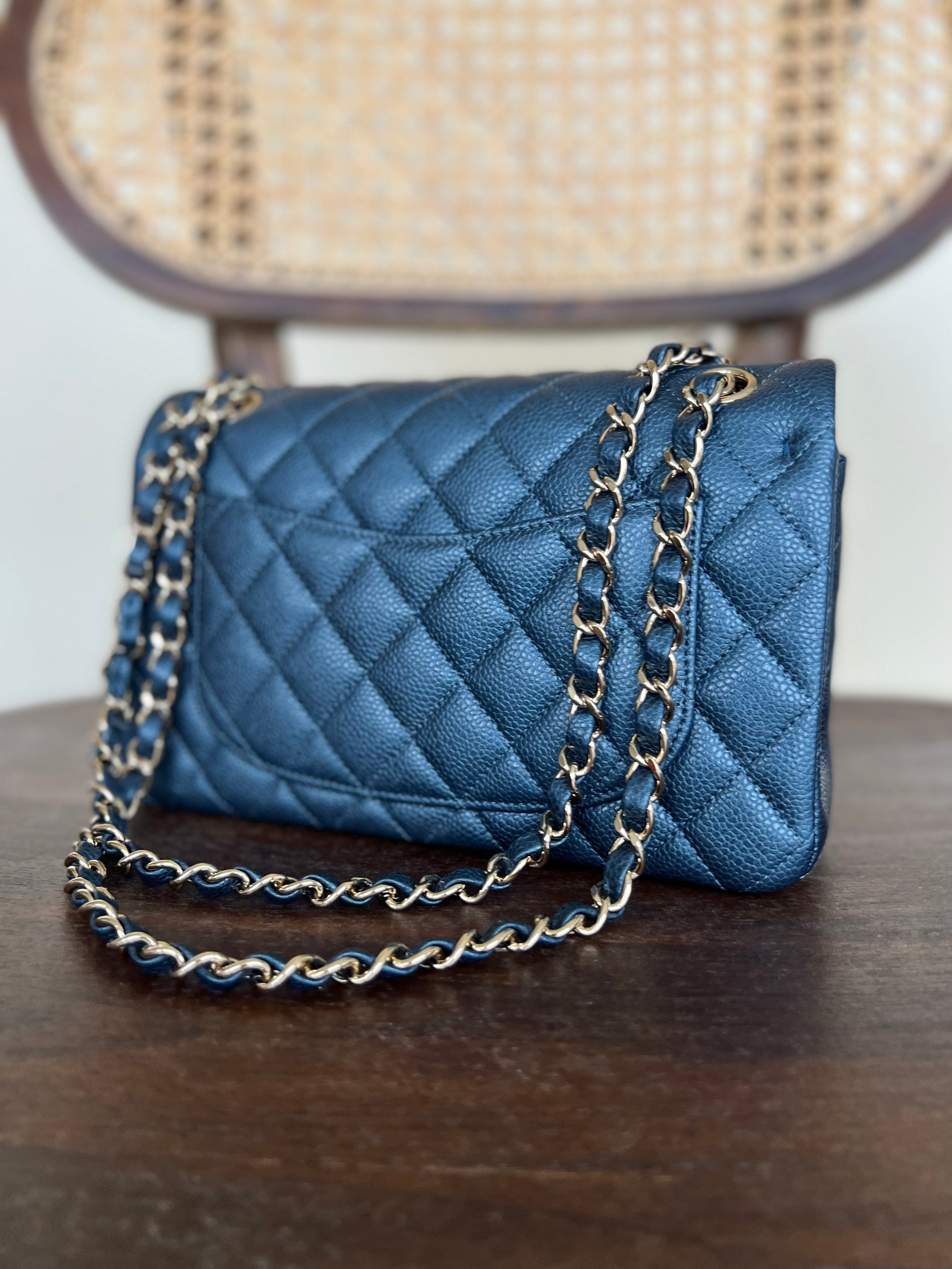 18S Dark Blue Caviar Quilted Classic Double Flap Light Gold