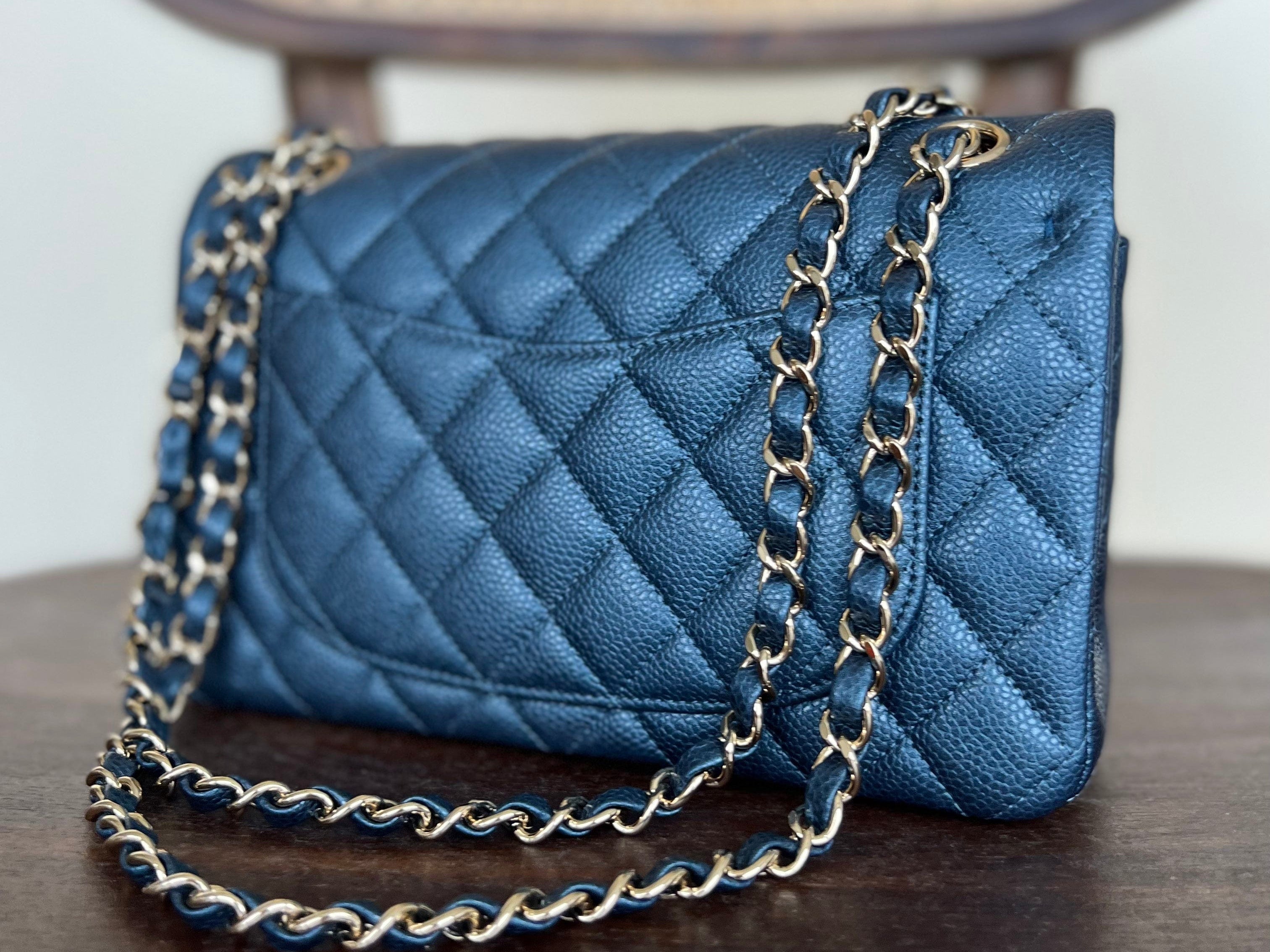 CHANEL Handbag 18S Dark Blue Caviar Quilted Classic Double Flap Light Gold Hardware - Redeluxe