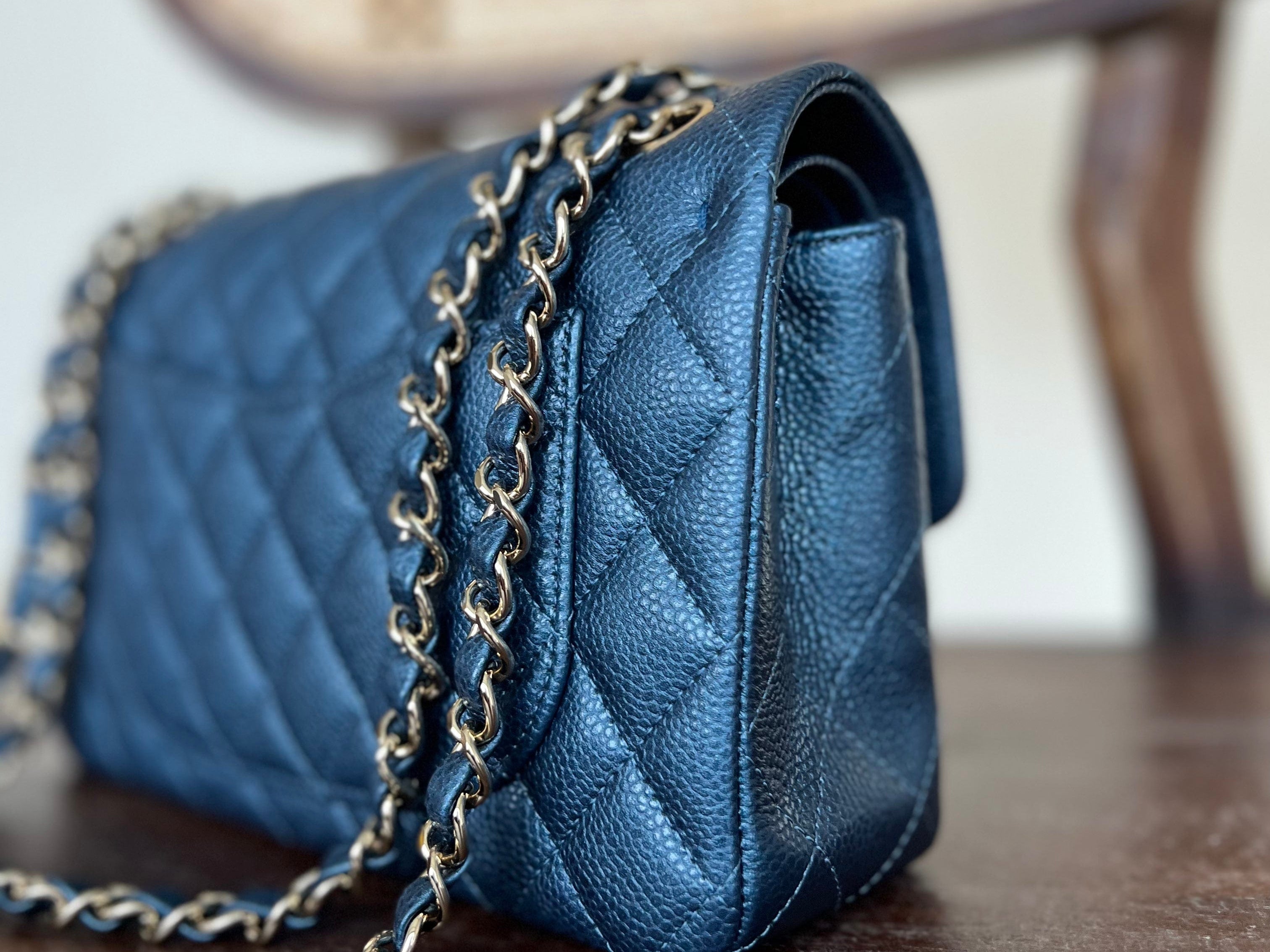 CHANEL Handbag 18S Dark Blue Caviar Quilted Classic Double Flap Light Gold Hardware - Redeluxe