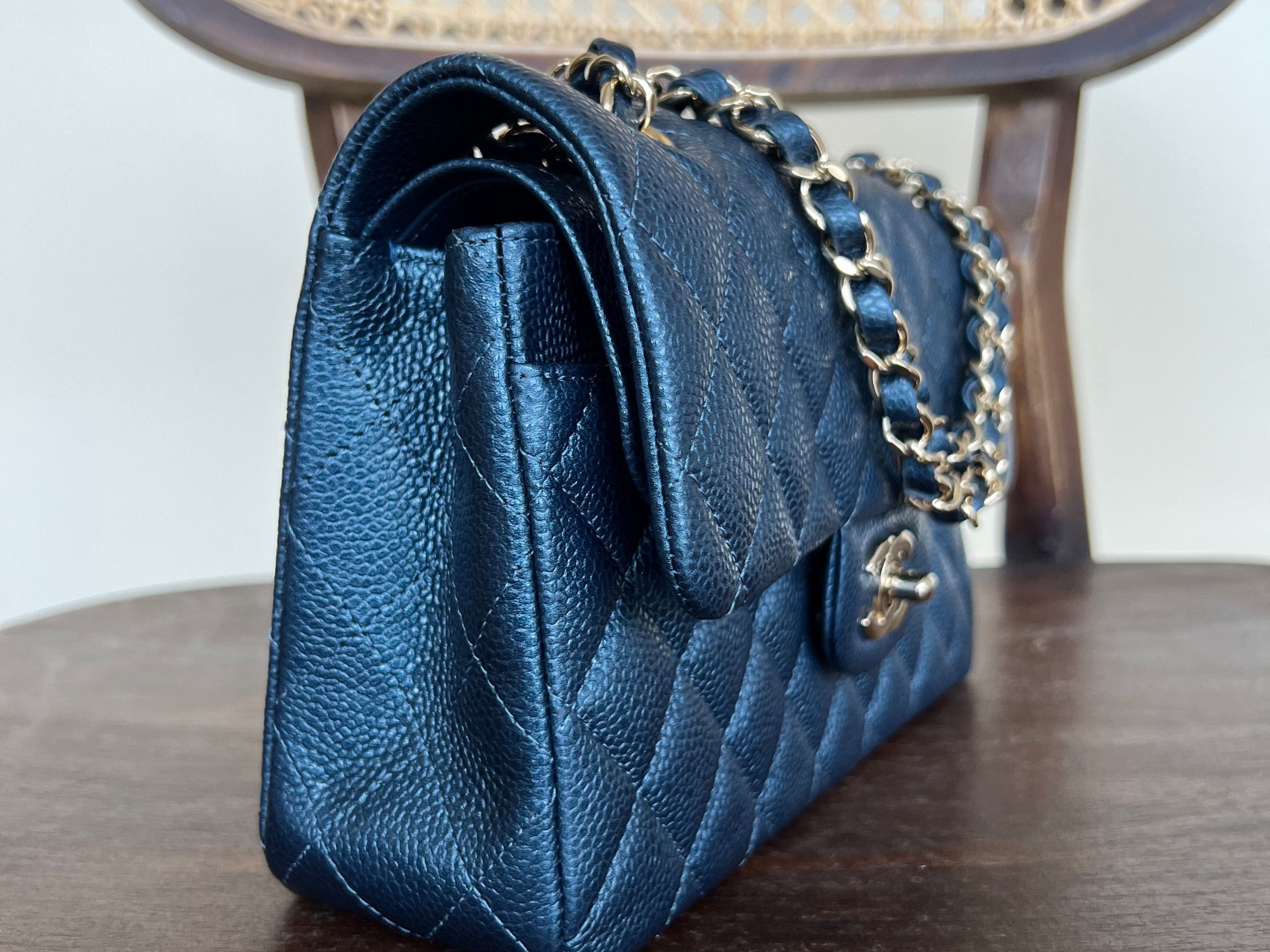 CHANEL Handbag 18S Dark Blue Caviar Quilted Classic Double Flap Light Gold Hardware - Redeluxe
