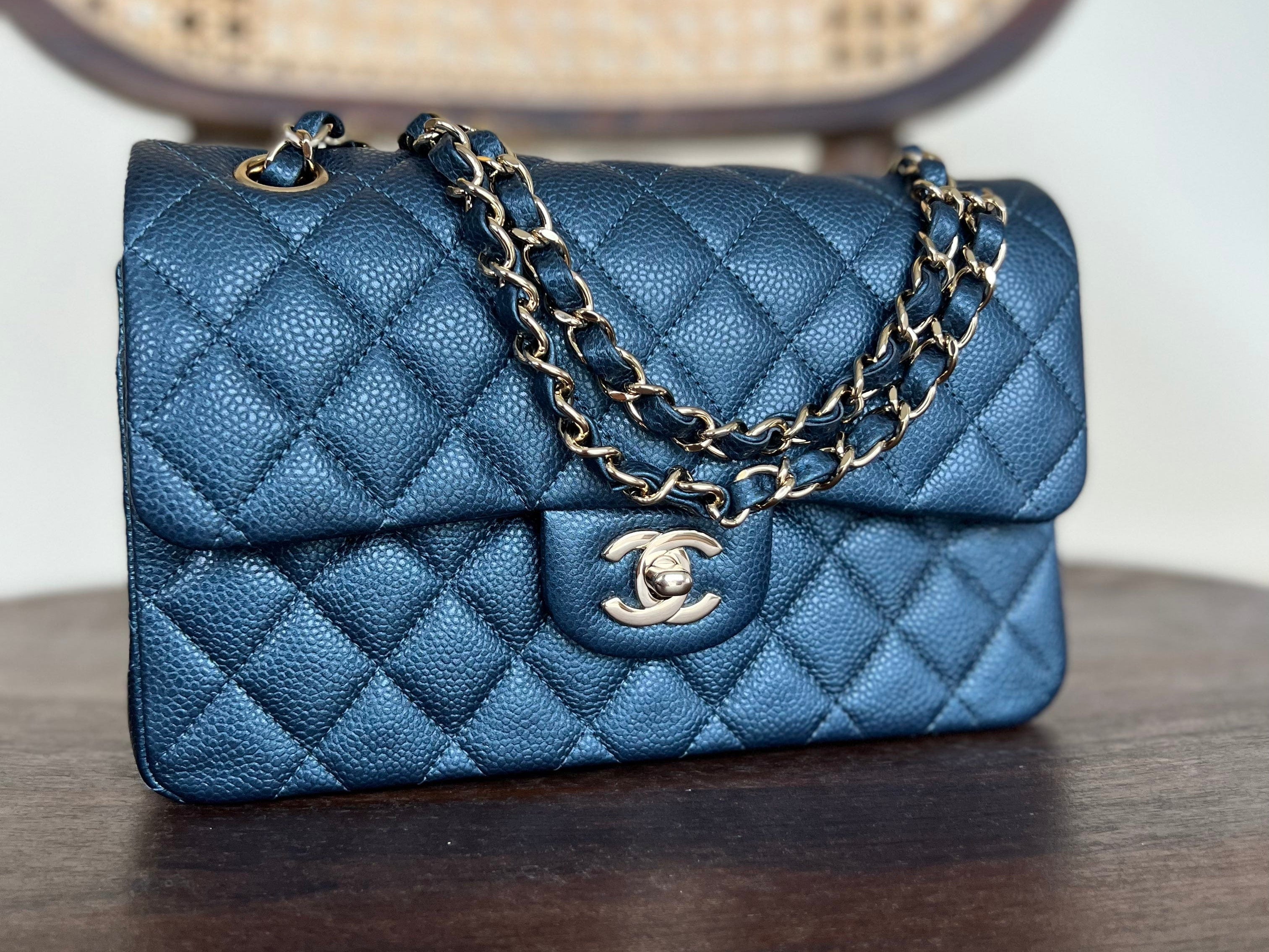 CHANEL Handbag 18S Dark Blue Caviar Quilted Classic Double Flap Light Gold Hardware - Redeluxe