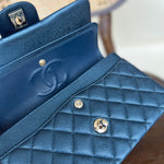 CHANEL Handbag 18S Dark Blue Caviar Quilted Classic Double Flap Light Gold Hardware - Redeluxe