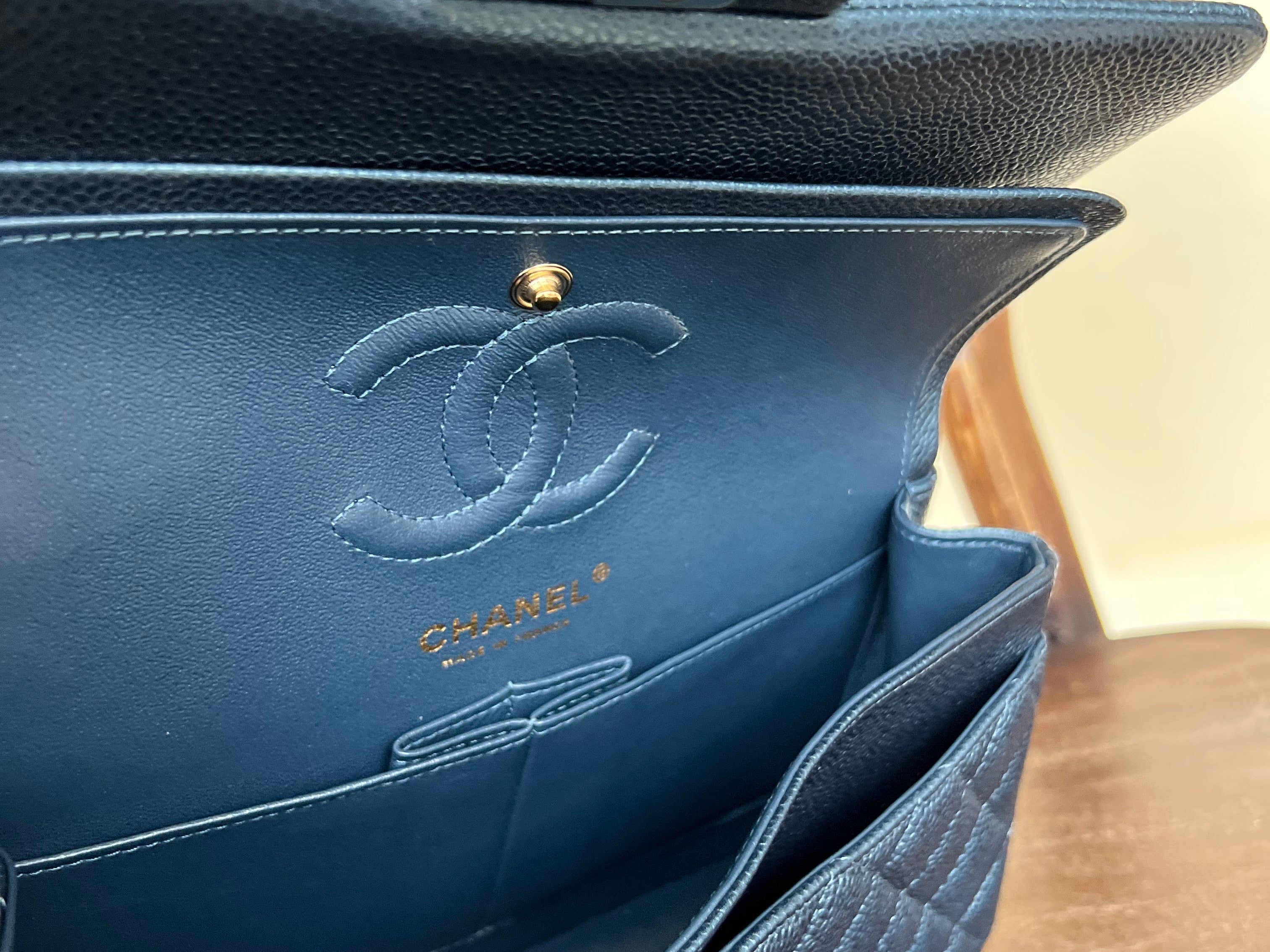 CHANEL Handbag 18S Dark Blue Caviar Quilted Classic Double Flap Light Gold Hardware - Redeluxe