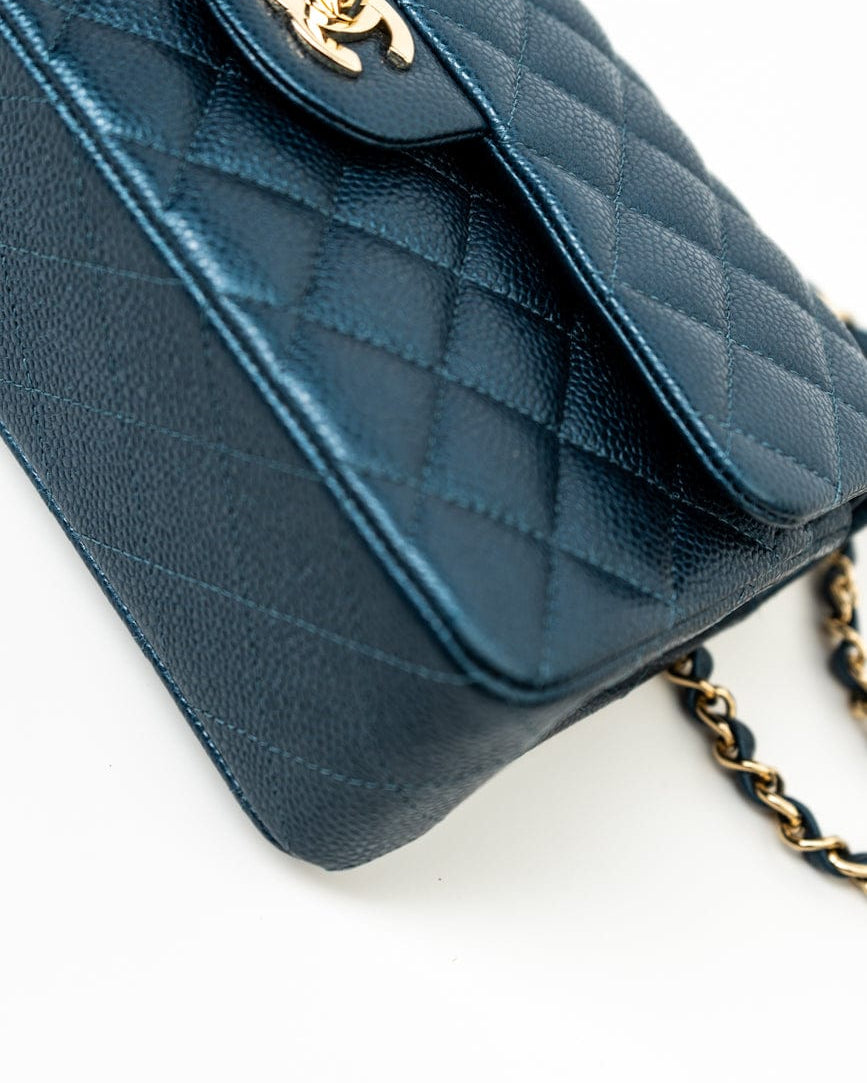 CHANEL Handbag 18S Dark Blue Small Caviar Quilted Classic Double Flap Light Gold Hardware - Redeluxe