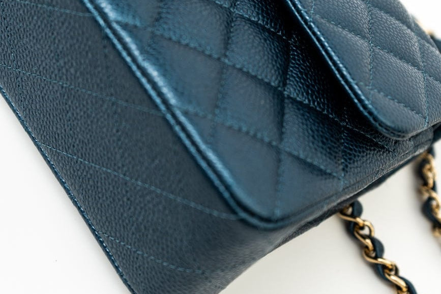 CHANEL Handbag 18S Dark Blue Small Caviar Quilted Classic Double Flap Light Gold Hardware - Redeluxe