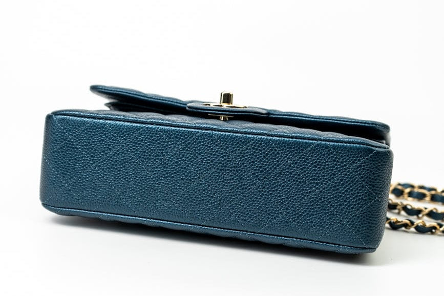 CHANEL Handbag 18S Dark Blue Small Caviar Quilted Classic Double Flap Light Gold Hardware - Redeluxe