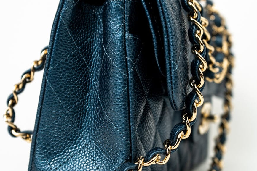 CHANEL Handbag 18S Dark Blue Small Caviar Quilted Classic Double Flap Light Gold Hardware - Redeluxe