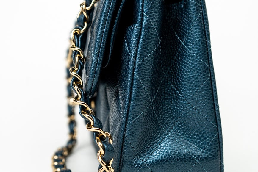CHANEL Handbag 18S Dark Blue Small Caviar Quilted Classic Double Flap Light Gold Hardware - Redeluxe