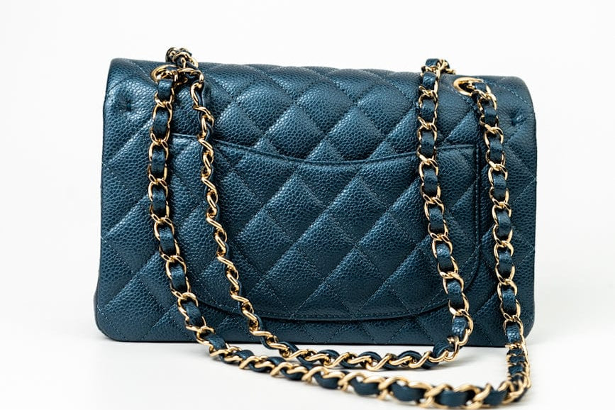 CHANEL Handbag 18S Dark Blue Small Caviar Quilted Classic Double Flap Light Gold Hardware - Redeluxe