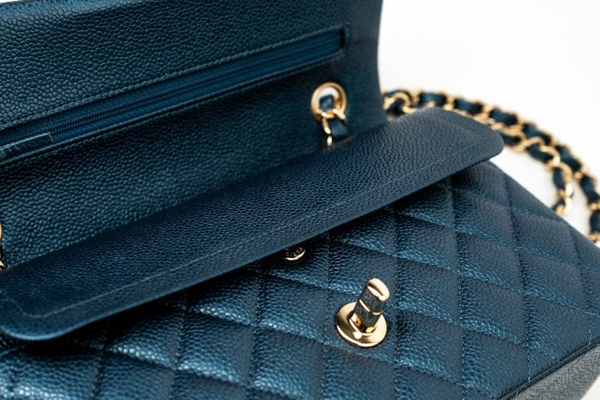 CHANEL Handbag 18S Dark Blue Small Caviar Quilted Classic Double Flap Light Gold Hardware - Redeluxe