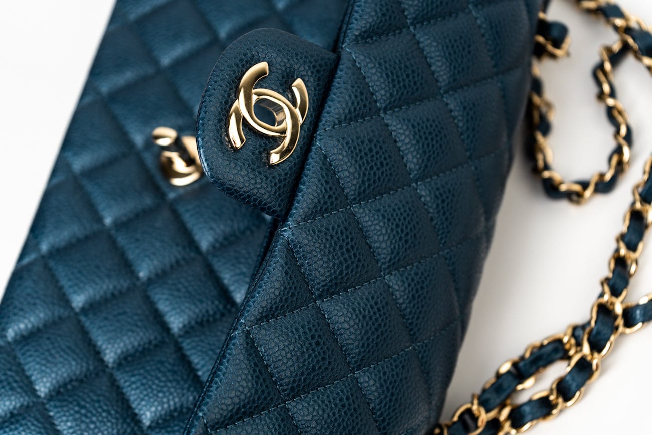 CHANEL Handbag 18S Dark Blue Small Caviar Quilted Classic Double Flap Light Gold Hardware - Redeluxe