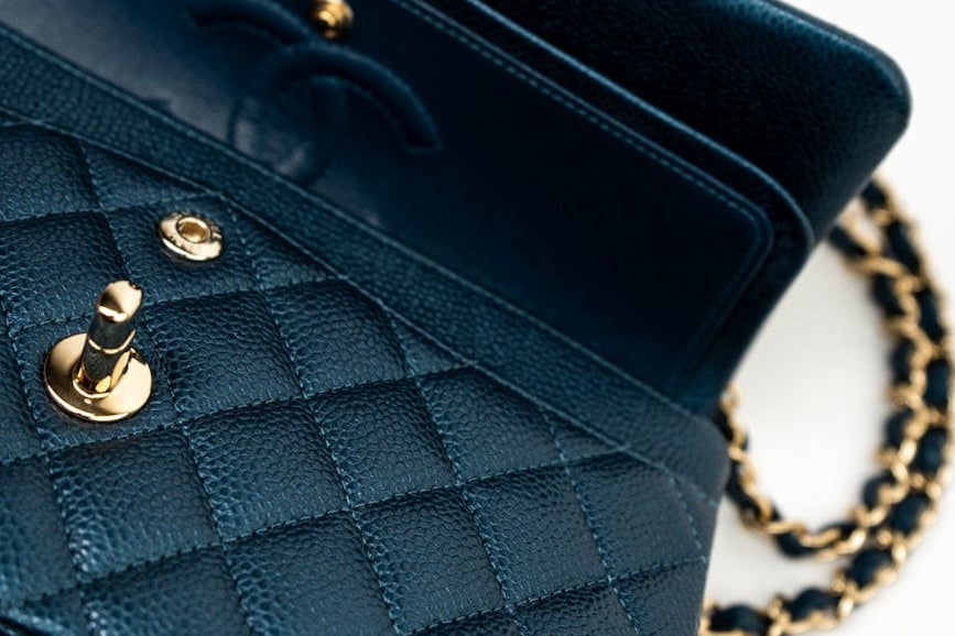 CHANEL Handbag 18S Dark Blue Small Caviar Quilted Classic Double Flap Light Gold Hardware - Redeluxe