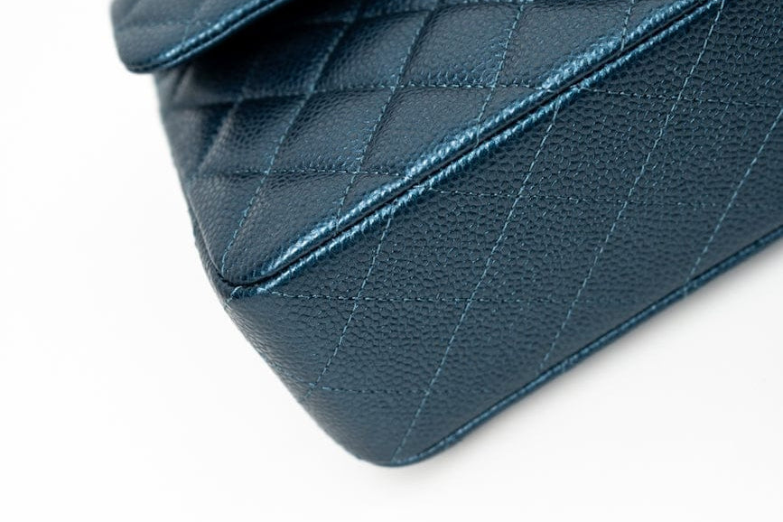 CHANEL Handbag 18S Dark Blue Small Caviar Quilted Classic Double Flap Light Gold Hardware - Redeluxe
