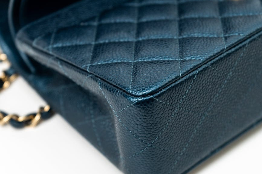 CHANEL Handbag 18S Dark Blue Small Caviar Quilted Classic Double Flap Light Gold Hardware - Redeluxe