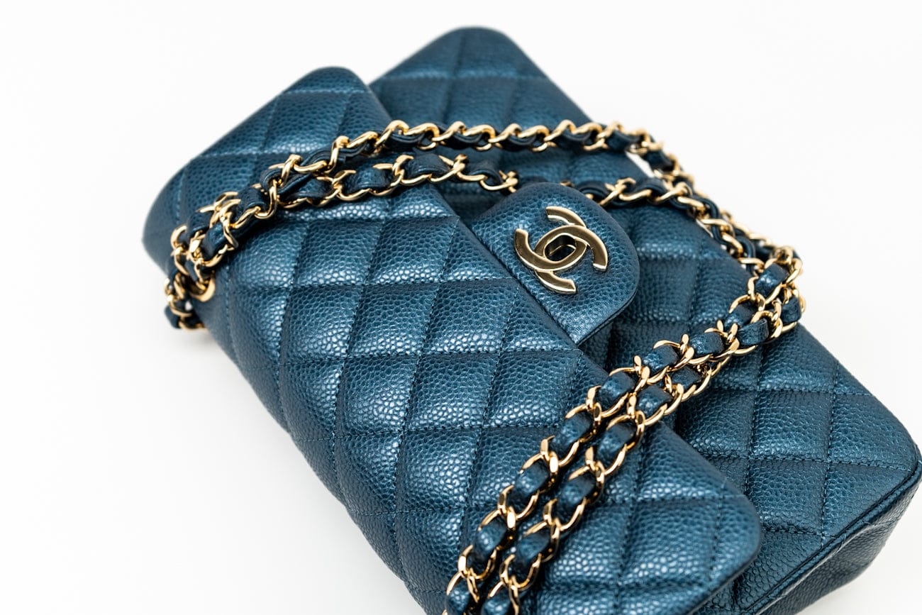 CHANEL Handbag 18S Dark Blue Small Caviar Quilted Classic Double Flap Light Gold Hardware - Redeluxe