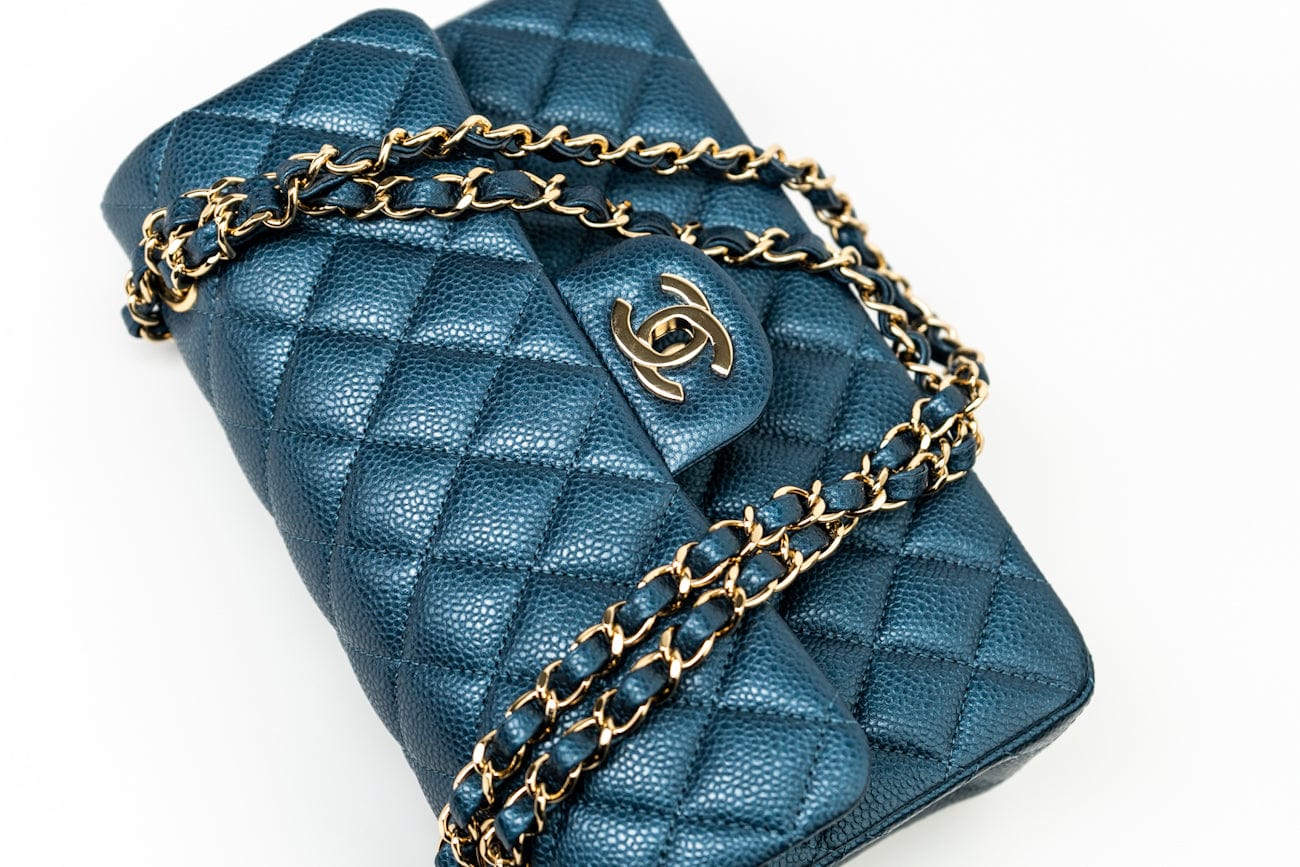 CHANEL Handbag 18S Dark Blue Small Caviar Quilted Classic Double Flap Light Gold Hardware - Redeluxe