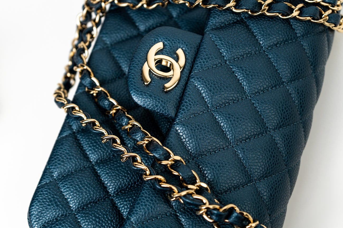 CHANEL Handbag 18S Dark Blue Small Caviar Quilted Classic Double Flap Light Gold Hardware - Redeluxe