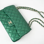 CHANEL Handbag 18S Emerald Green Caviar Quilted Classic Flap Jumbo Light Gold Hardware - Redeluxe