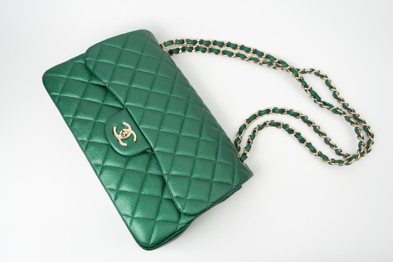 CHANEL Handbag 18S Emerald Green Caviar Quilted Classic Flap Jumbo Light Gold Hardware - Redeluxe