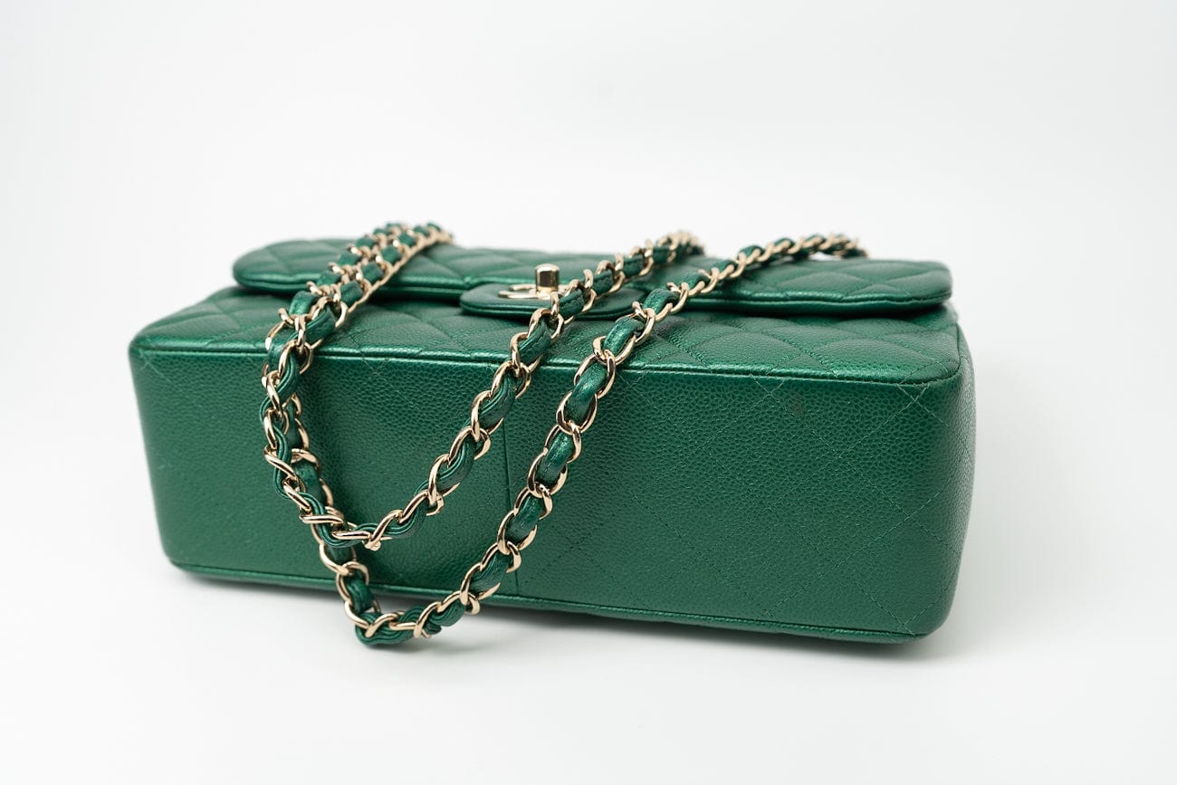 CHANEL Handbag 18S Emerald Green Caviar Quilted Classic Flap Jumbo Light Gold Hardware - Redeluxe