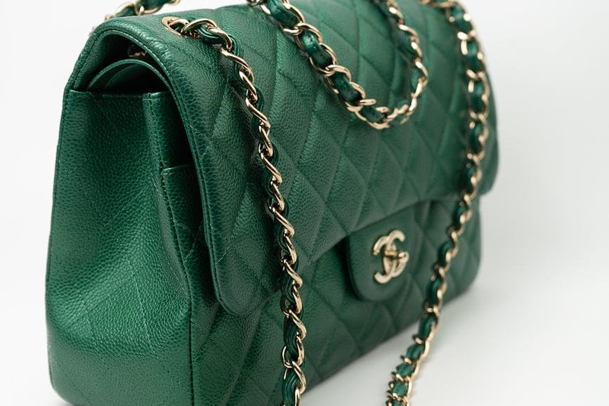 CHANEL Handbag 18S Emerald Green Caviar Quilted Classic Flap Jumbo Light Gold Hardware - Redeluxe