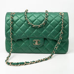 CHANEL Handbag 18S Emerald Green Caviar Quilted Classic Flap Jumbo Light Gold Hardware - Redeluxe