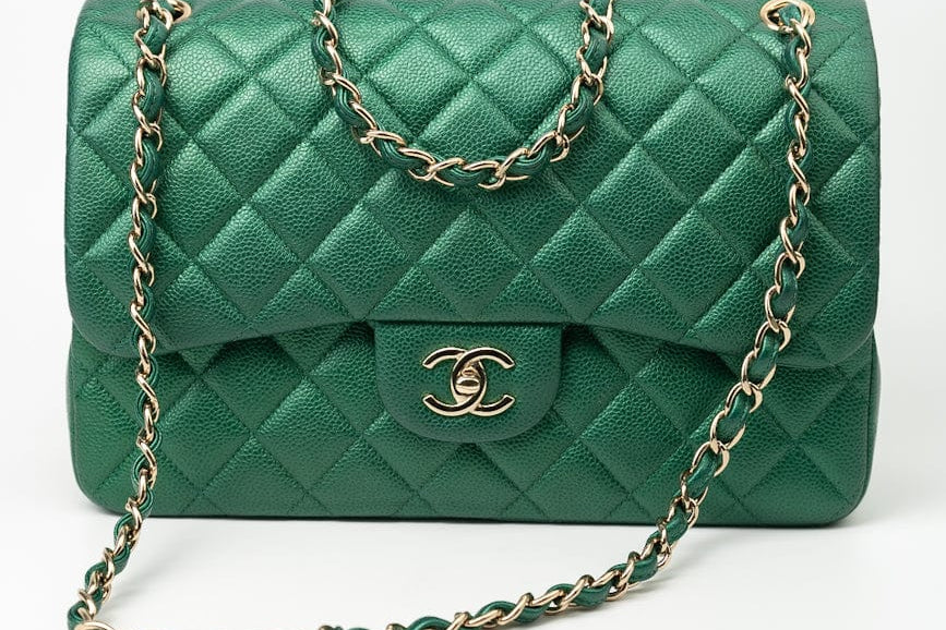 CHANEL Handbag 18S Emerald Green Caviar Quilted Classic Flap Jumbo Light Gold Hardware - Redeluxe