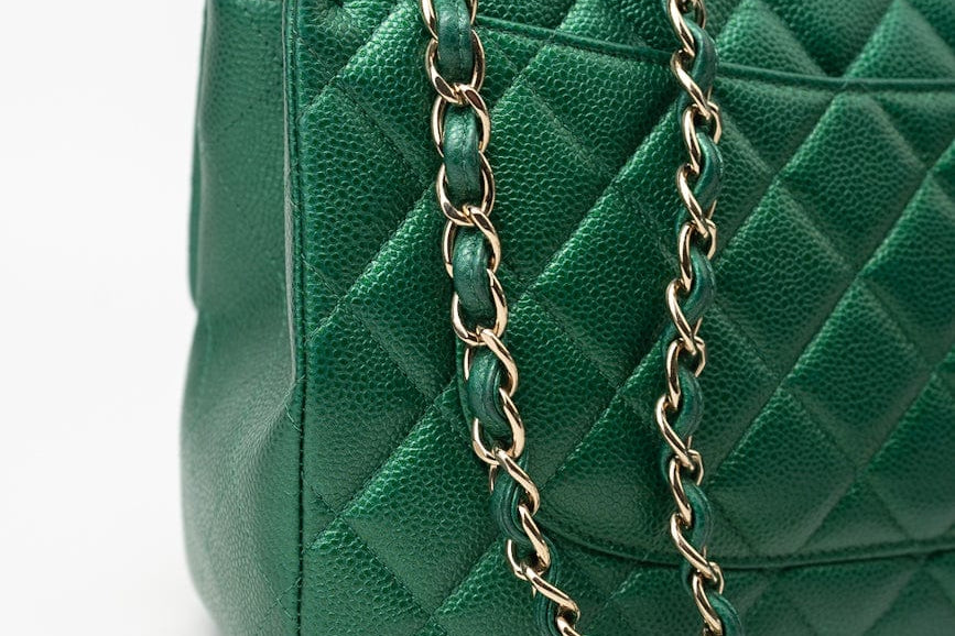 CHANEL Handbag 18S Emerald Green Caviar Quilted Classic Flap Jumbo Light Gold Hardware - Redeluxe