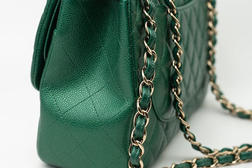 CHANEL Handbag 18S Emerald Green Caviar Quilted Classic Flap Jumbo Light Gold Hardware - Redeluxe