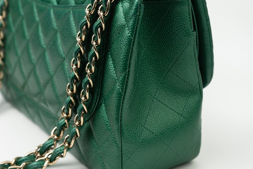 CHANEL Handbag 18S Emerald Green Caviar Quilted Classic Flap Jumbo Light Gold Hardware - Redeluxe