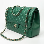 CHANEL Handbag 18S Emerald Green Caviar Quilted Classic Flap Jumbo Light Gold Hardware - Redeluxe