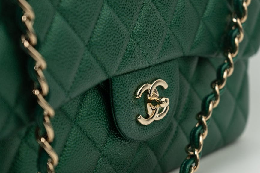 CHANEL Handbag 18S Emerald Green Caviar Quilted Classic Flap Jumbo Light Gold Hardware - Redeluxe