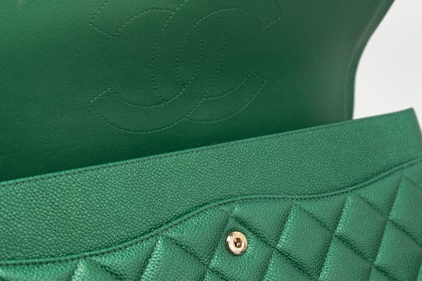 CHANEL Handbag 18S Emerald Green Caviar Quilted Classic Flap Jumbo Light Gold Hardware - Redeluxe